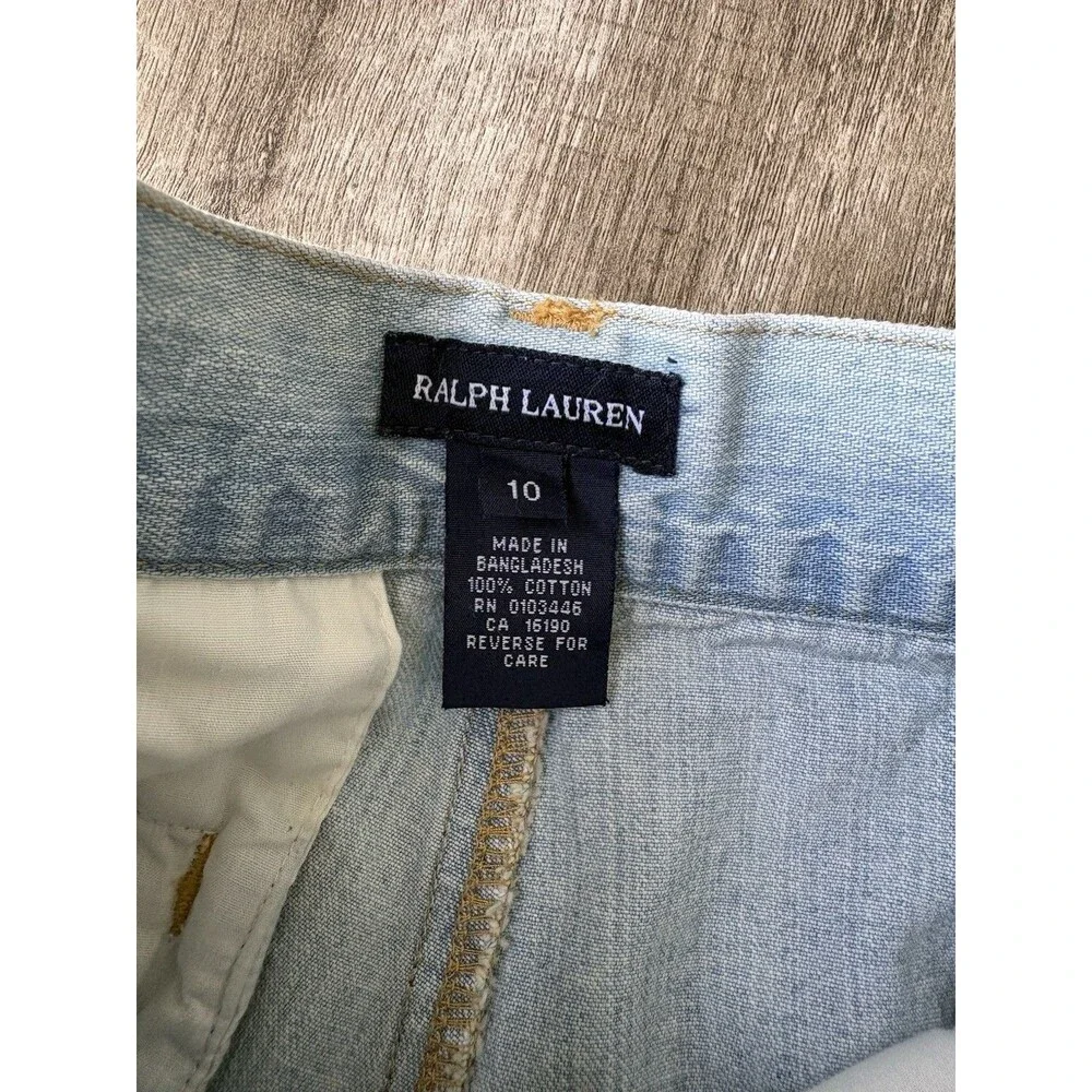 Ralph Lauren 100% Cotton Vintage Girls Blue Denim Shorts With Floral Belt Sz 10